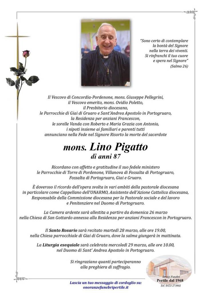 Diocesi: funerale di don Lino Pigatto mercoledì 29 marzo ore 10 in Duomo sant'Andrea