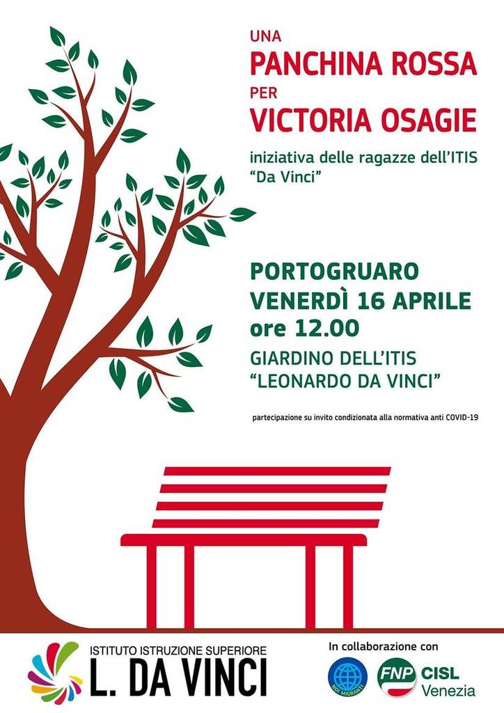   Portogruaro, una panchina rossa per ricordare Victoria Osagie vittima di femminicidio